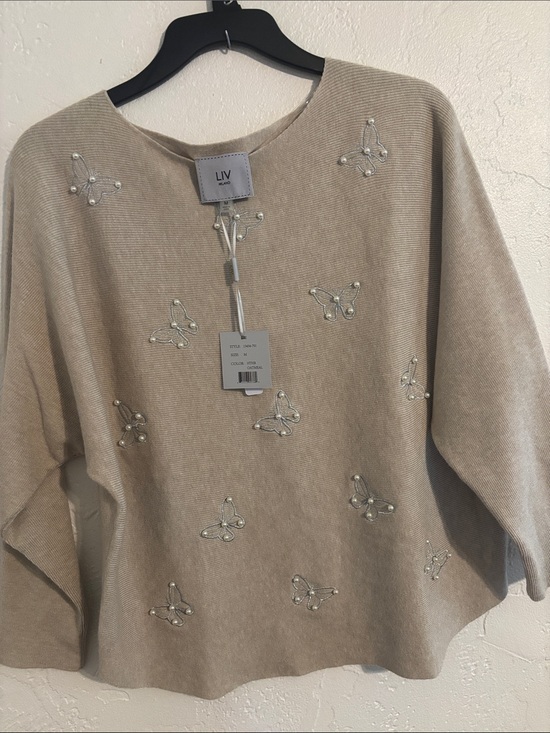 Milano Sweaters - Liv Milano Heather Oatmeal Crewneck Sweater with Beaded Butterflies